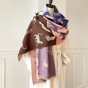 Thick gradient leopard print scarf with fringe tassels for winter warmth