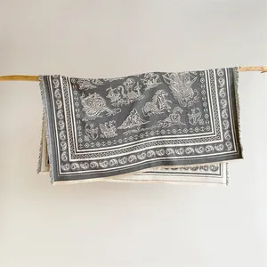 Macro detail of dark grey paisley shawl with intricate nautical fringe and mythological pattern
