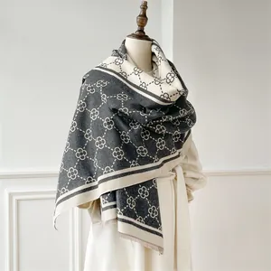 Thick cashmere-feel shawl scarf with clover pattern and fringe tassels for winter warmth