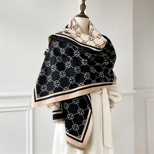 Dual-tone black and beige cashmere-style shawl scarf with clover pattern and fringe