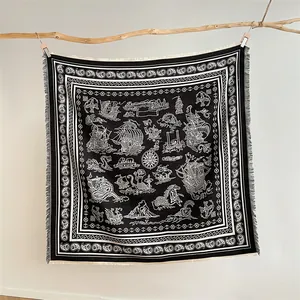 Black and white nautical cashmere-style scarf with vintage ships and paisley tassels