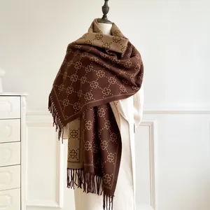 Macro detail of brown fringe tassels and jacquard pattern on thickened winter scarf