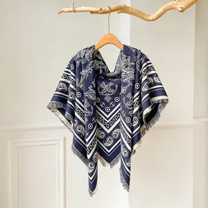 Thick navy blue cashmere-like shawl with nautical anchors and paisley print patterns