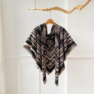 Classic paisley print pashmina shawl in black and beige with fringe and horse patterns