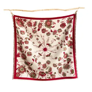 Vintage sunflower square scarf with red and green patterns and delicate fringe