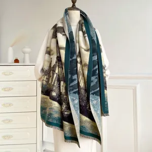 Detailed close-up of thick tassel edge and landscape oil painting pattern on shawl