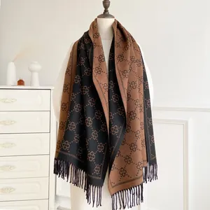 Vintage Geometric Clover Pattern Scarf For Women Reversible Imitation Cashmere Tassel Shawl Wrap Winter Jacquard Warm Accessories