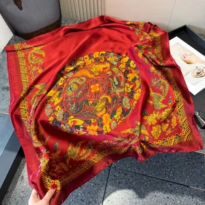 Detail of red silk scarf with traditional Chinese dragon and longevity patterns