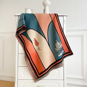 Women Artistic Cashmere Like Scarf Thickened Double Sided Color Block Winter Warm Shawl With Tassels Landscape Pattern