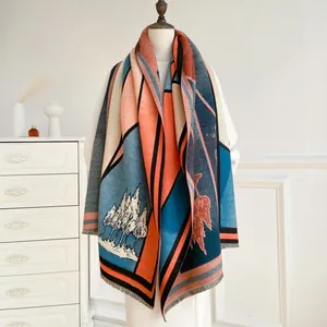Thick cashmere-like scarf with geometric patterns and fringe for winter warmth