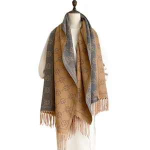 Coffee brown cashmere-like scarf with geometric clover pattern and long tassels