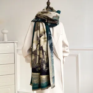 Artistic oil painting style cashmere-feel scarf with architectural print and fringe edges