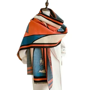 Thick warm cashmere-like scarf with artistic landscape color block and soft knit texture