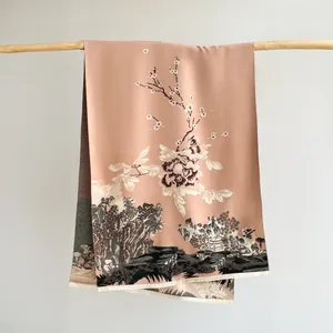 Artistic cashmere-like scarf with Chinese ink painting of peonies and landscapes