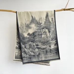 Detail of traditional Chinese ink landscape print on soft fringed pashmina shawl