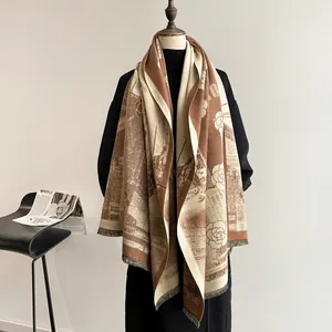 Detailed view of thick vintage castle and camellia pattern pashmina shawl scarf
