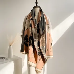 Elegant thick winter scarf with reversible lotus print and decorative tassels
