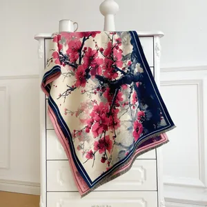 Elegant ink wash floral cashmere scarf with pink cherry blossoms and fringes