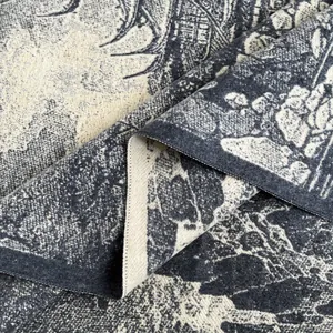 Detail of vintage Toile de Jouy cashmere-like scarf showing dense weave and fringed edges
