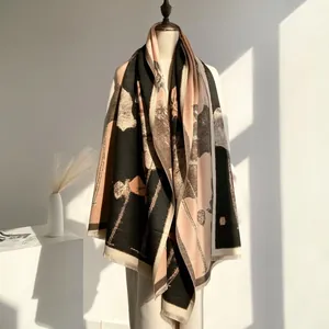 Elegant Chinese style winter thick cashmere-like shawl with lotus print and tassels
