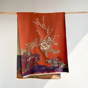 Detail of vintage floral cashmere-like shawl with traditional Chinese pavilion art and fringe