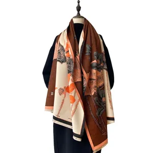 Elegant thick cashmere-feel shawl with Chinese lotus ink pattern and fringe trim