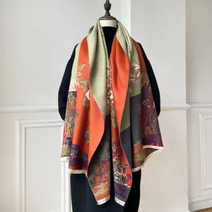 Detail of artistic floral cashmere scarf with short fringe edges and vintage print