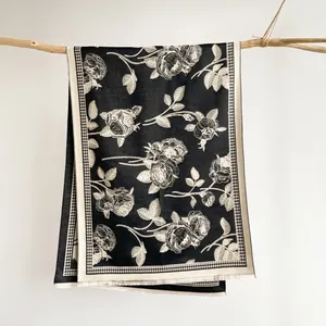 Macro detail of winter scarf with vintage rose floral patterns and houndstooth borders