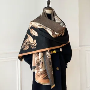 Detail of artistic floral pattern and short fringe on thick vintage cashmere-feel shawl