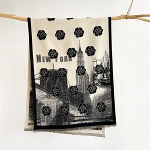 Vintage Camellia New York City Print Scarf Warm Thick Imitation Cashmere Shawl For Women Autumn Winter Tassel Wrap Scarf