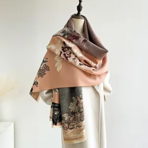 Floral print faux cashmere shawl scarf in vintage pink and brown worn with white coat