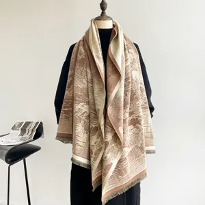 Detail of vintage landscape print thick shawl with delicate fringe and cashmere texture