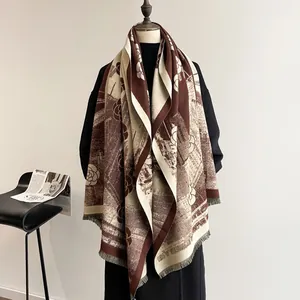 Vintage camellia print cashmere-like thick scarf wrap with tassels in coffee and beige