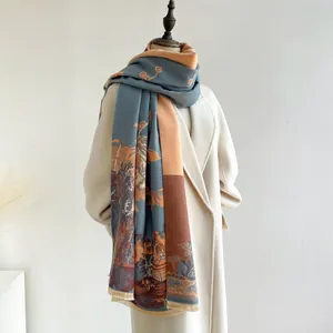 Retro landscape print cashmere-like shawl scarf with elegant tassels for women