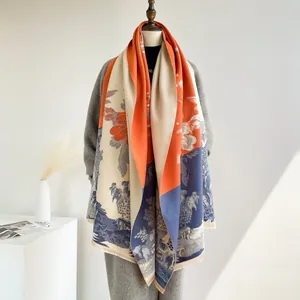 Color-block cashmere-feel shawl with vintage floral patterns and tassels for winter