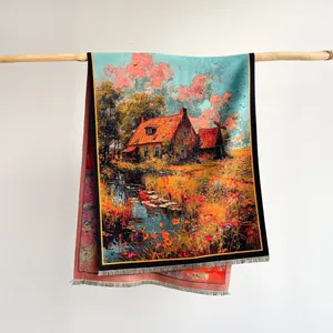 Van Gogh oil painting style cashmere scarf with elegant countryside floral scenery pattern