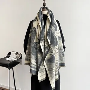 Thick cashmere-feel shawl with camellia floral print and tassels in grey and cream