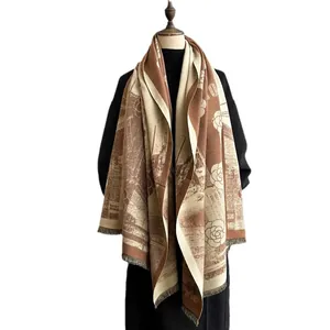 Thick cashmere-like scarf with vintage castle camellia prints and soft fringe trim