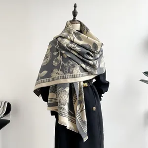 Elegant thick shawl scarf with rose floral pattern and houndstooth check in grey and beige