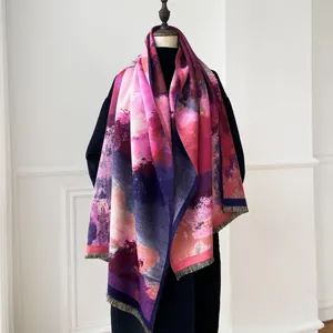 Scialle pashmina stile pittura a olio artistica con frange per la moda invernale