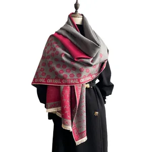 Thick camellia floral shawl with fringe edge and vintage red and grey patchwork design