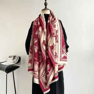 Elegant thick scarf with vintage rose and houndstooth pattern in burgundy and beige colors