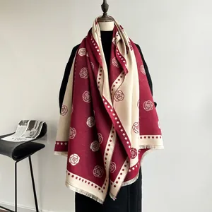 Elegant Camellia Jacquard Scarf Shawl For Women Vintage Floral Double Sided Cashmere Feel Winter Warm Tassel Wrap Polyester Cotton Blend