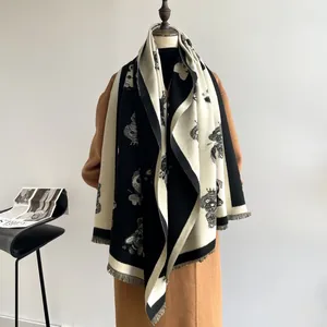 Black and white cartoon bear jacquard cashmere scarf with fringes for women winter