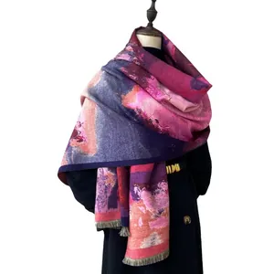Sciarpa da donna in finto cashmere stile pittura a olio con stampe astratte e frange