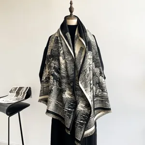 Thick vintage Chinese landscape print shawl with fringes in elegant black and white