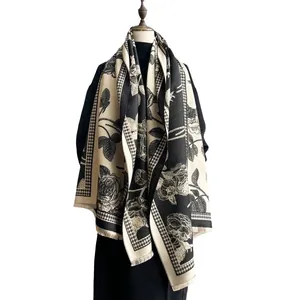 Elegant black and white winter scarf with retro rose pattern and houndstooth texture