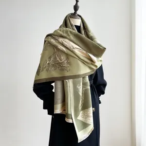 Elegant thick cashmere-feel floral scarf with fringes in green and beige tones