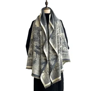 Vintage style thick scarf with landscape landscape print and tassel edges for women