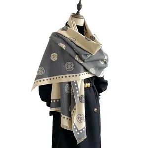 Elegant camellia jacquard shawl scarf in gray and white with tassels for women